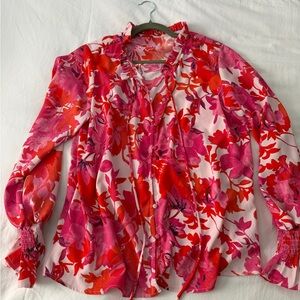 Women’s Pink & Red Floral Ruffle-Trim Blouse
